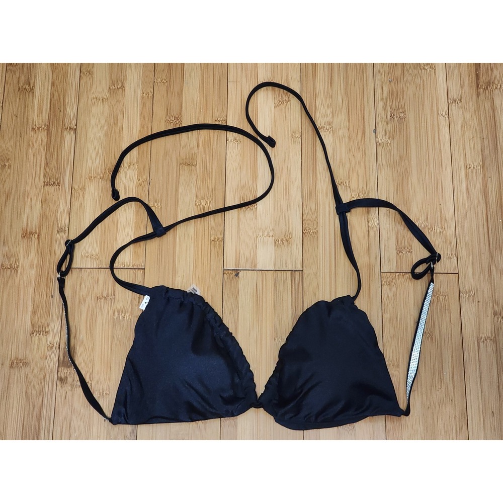 NWT VICTORIA'S SECRET Sz XL Black Silver Shine Straps Triangle Halter Bikini Top